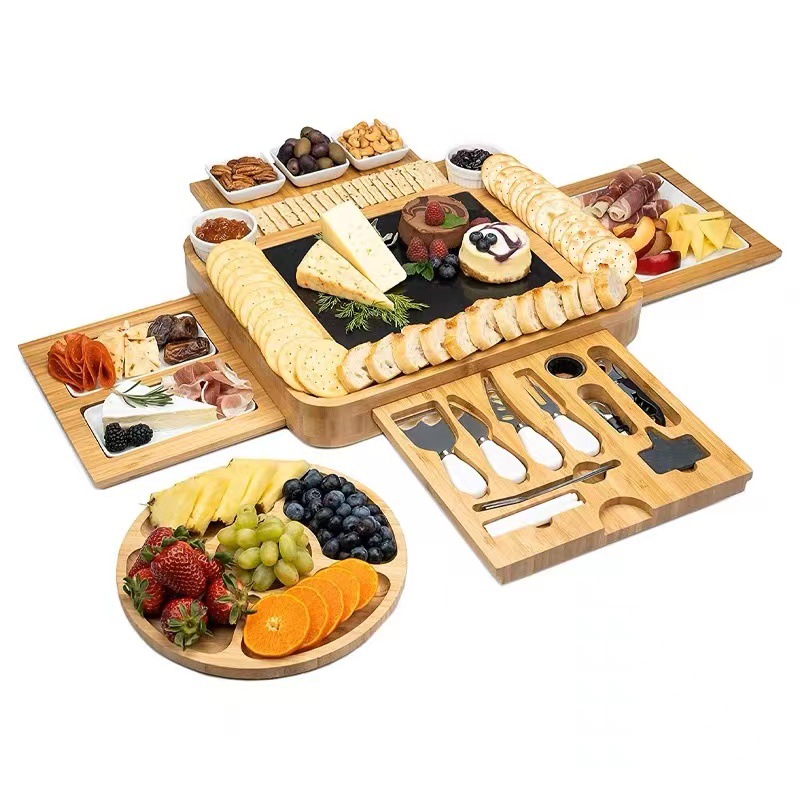 Cheese Board Magnetic 4 Drawers Bamboo Charcuterie Cutlery Knife