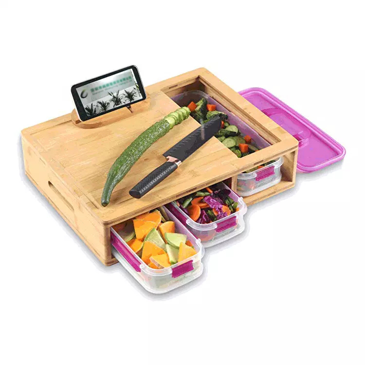 Wooden Bamboo Cutting Board With Containers And Locking Lid