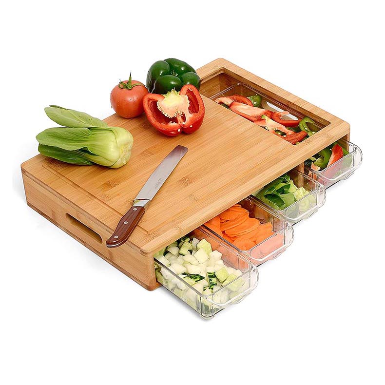 Large Bamboo Cutting Chopping Board with 4 Containers - Click Image to Close