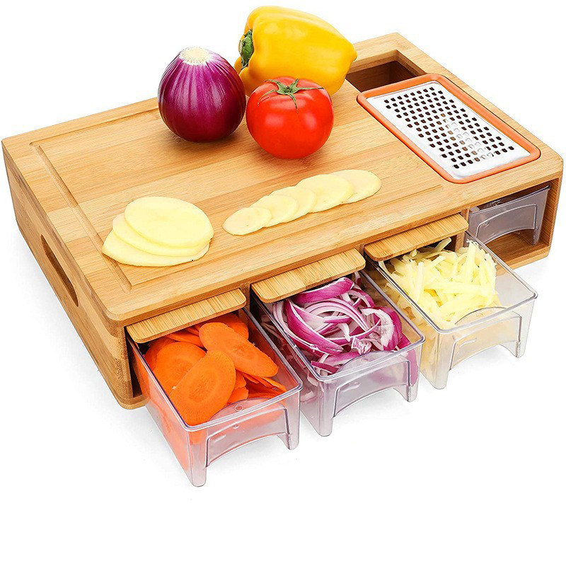 Large Bamboo Cutting Chopping Board with 4Containers and grater