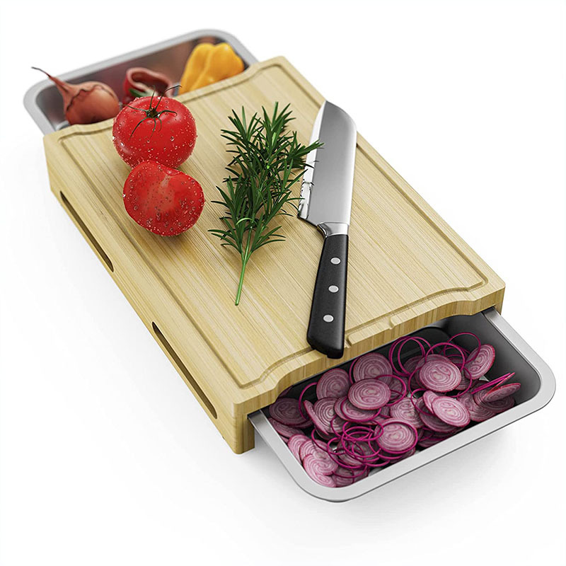 Bamboo chopping cutting board with 2 stainless steel drip trays - Click Image to Close