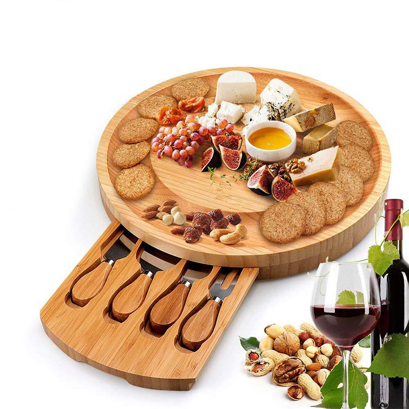 Round bamboo cheese board charcuterie boards with knife sets - Click Image to Close