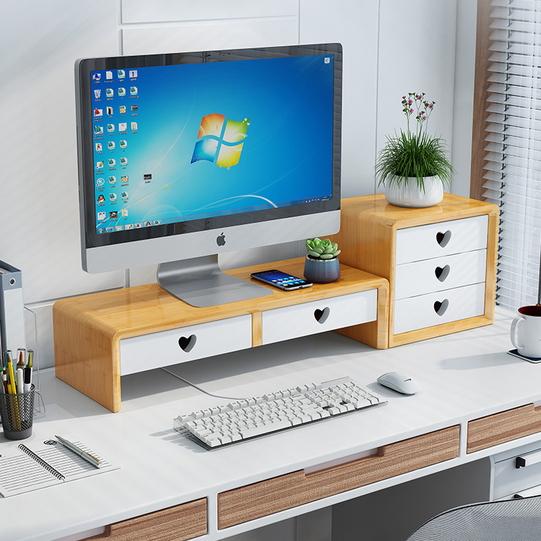Bamboo Screen Monitor Stand Riser with 2 Drawer for Home Office - Click Image to Close