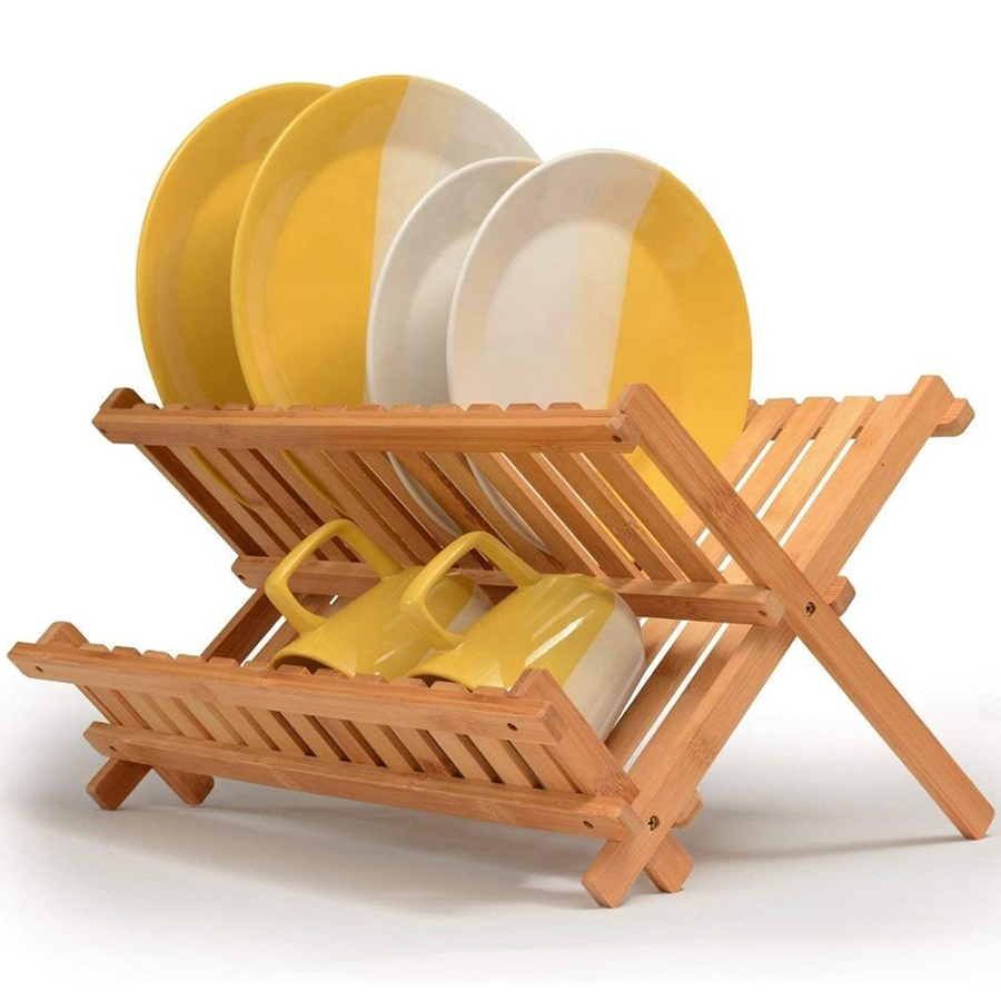 Folding Kitchen Wood Bamboo Plate Drying Dish Rack