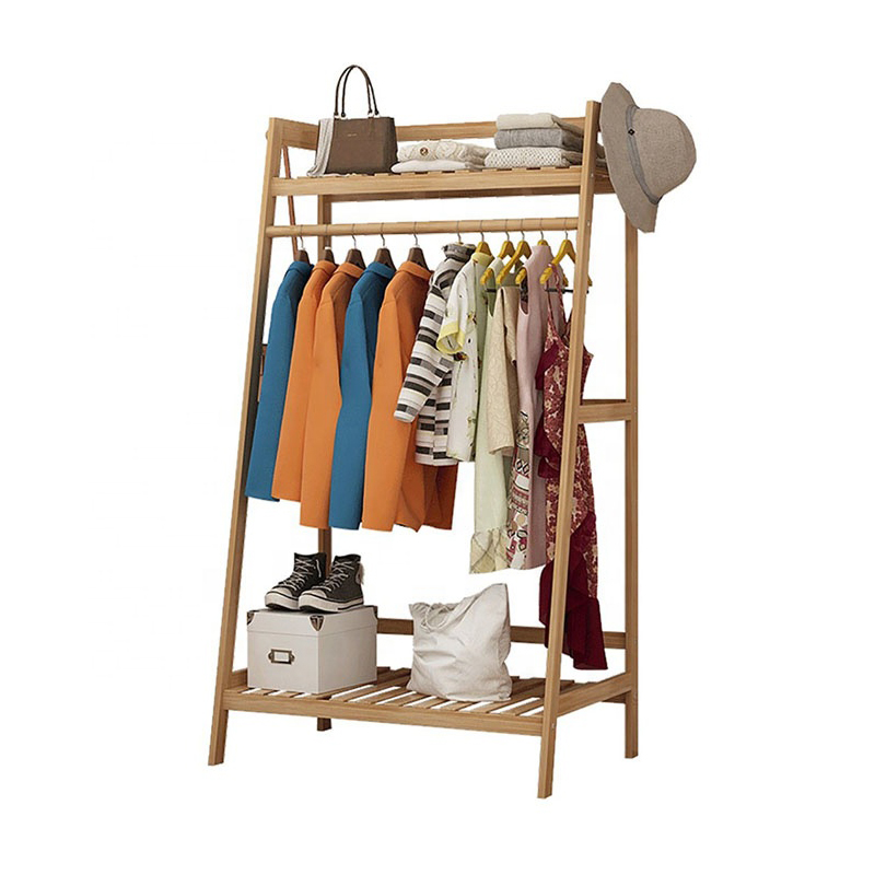 Bamboo Clothes Hanging Rack with top Shelf and Shoe Store - Click Image to Close